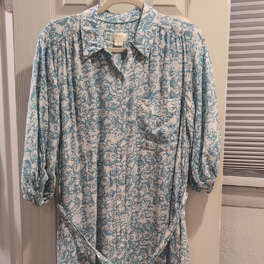 Linen Belted Teal and White Floral Shirt Dress